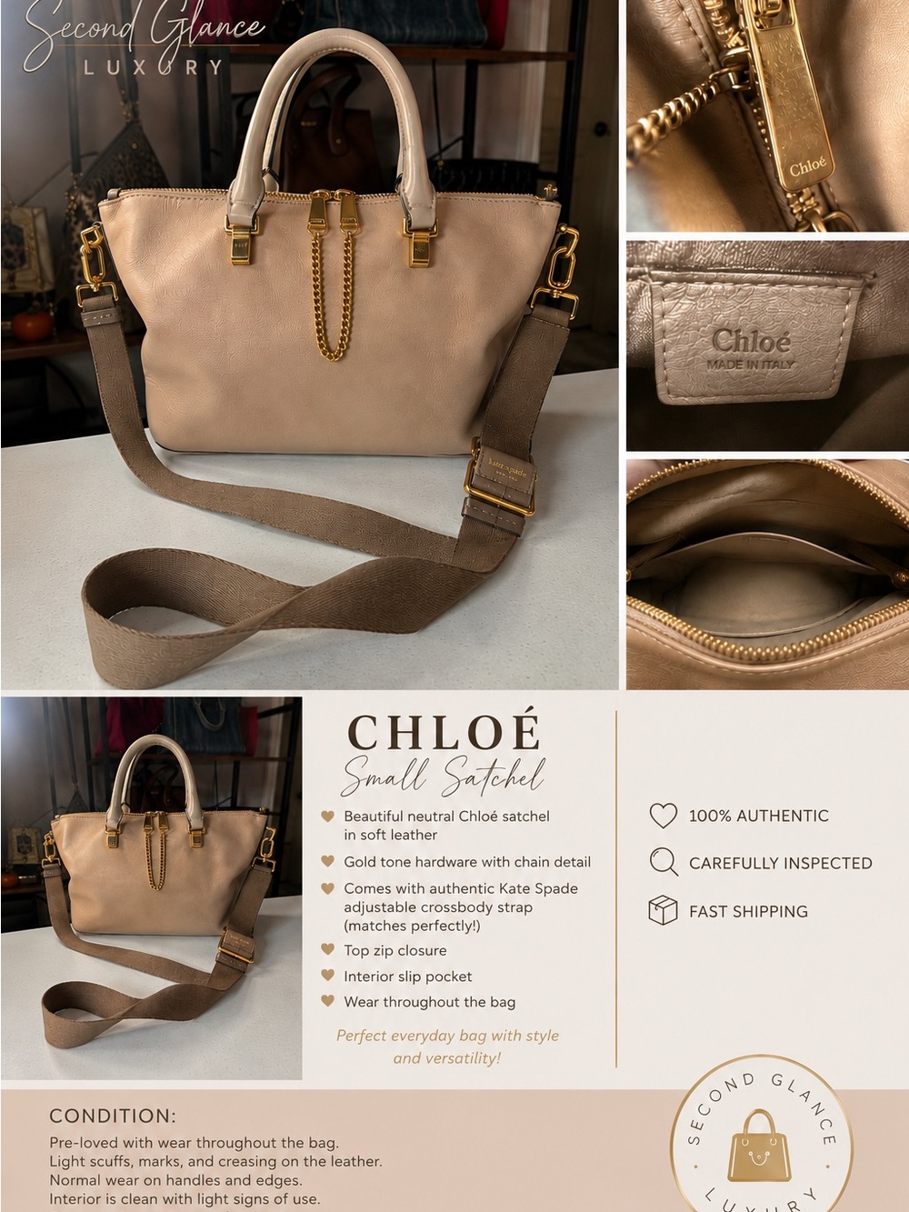 Chloe small leather satchel with Kate spade adjustable strap included - Picture 2 of 14